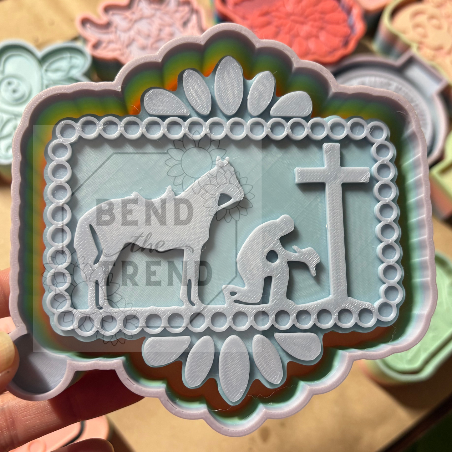 Turquoise Cowboy Kneeling at Cross Mold